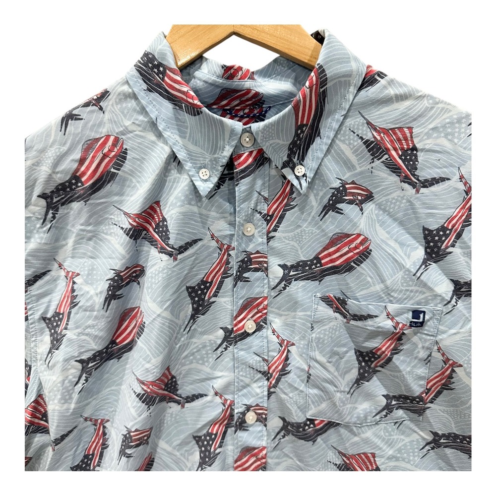 Huk Mens L American Flag Marlin Tuna Fishing Shirt Blue Short Sleeve *repair